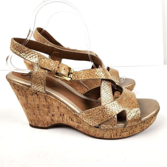 Sofft Cork Gold Metallic Reptile Strappy Leather Cork Wedges Comfort Sandals 10M - Picture 6 of 8